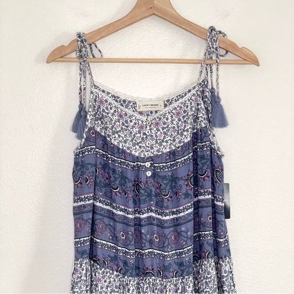 NWT Lucky Brand Tiered Mixed Floral Print Tassel Tie Strap Boho Sundress Small - Picture 6 of 16